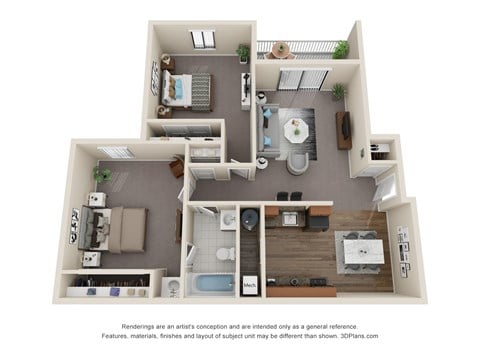 Floor plan for 2 beds, 1 bath, 851 sqft